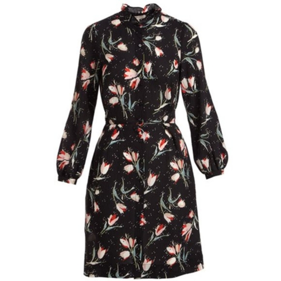 Rebecca Taylor Long Sleeve Button Front Tie Waist Floral Print Dress Women's 8 - Picture 3 of 11